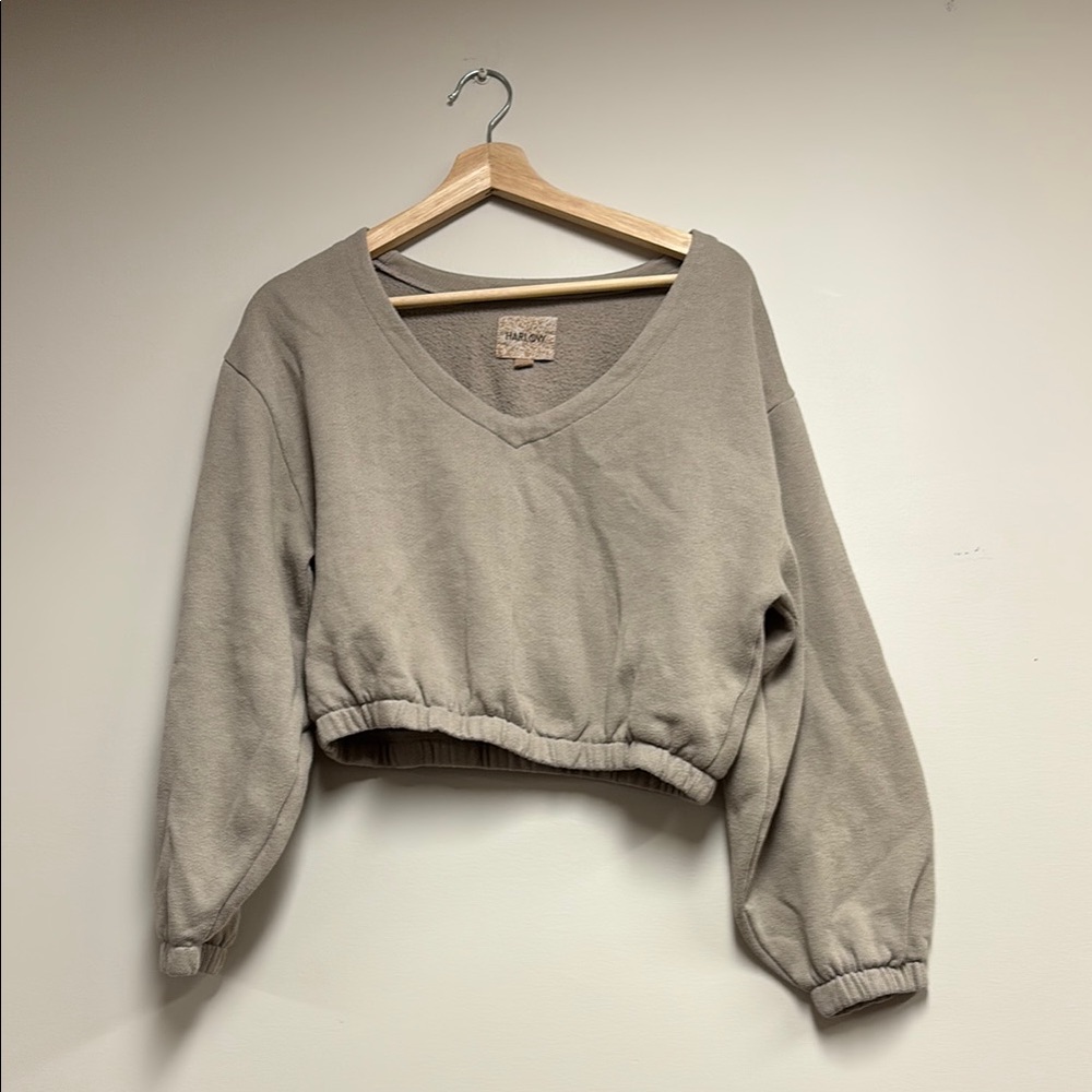 Harlow Taupe V-Neck Cropped Sweatshirt